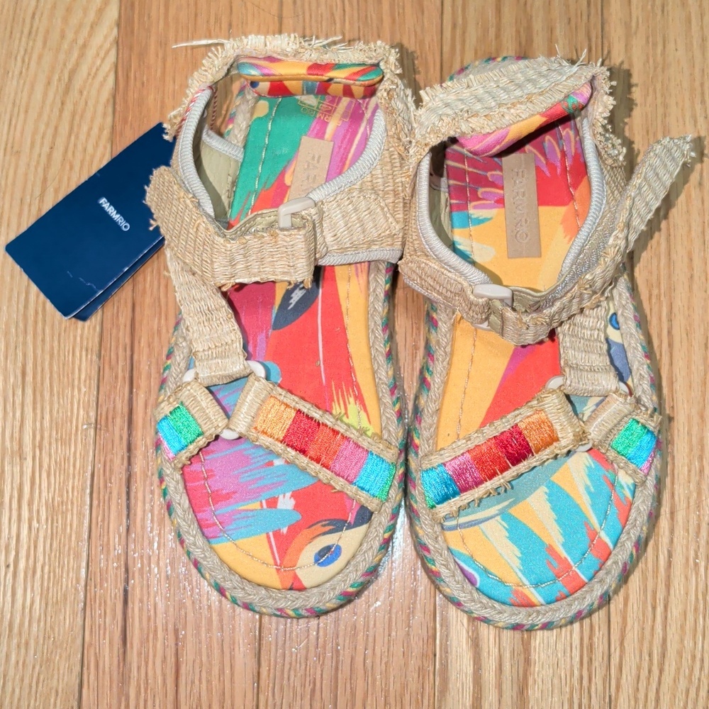 NWT FARM RIO COLORFUL TOUCANS PLATFORM RAFFIA VELCRO SANDAL - Picture 5 of 11